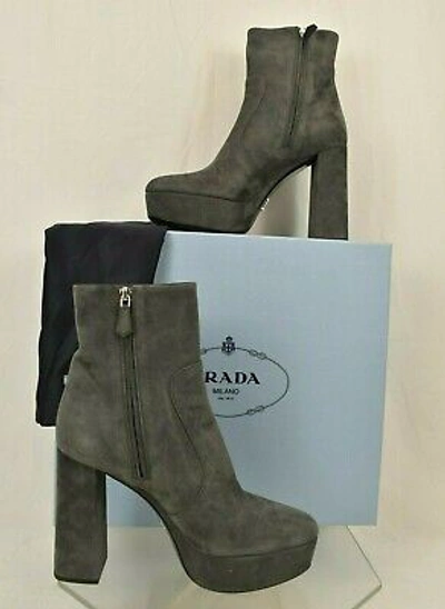 Pre-owned Prada 1tp221 Gray Suede Short Platform Ankle Classic Zip Boots 39 $975 Italy