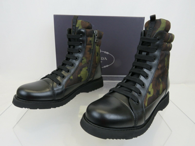 Pre-owned Prada 0t0782 Camouflage Green Leather Cap Toe Lace Up Combat Boots 36 Us 6