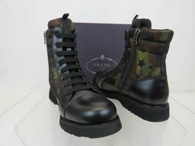Pre-owned Prada 0t0782 Camouflage Green Leather Cap Toe Lace Up Combat Boots 36 Us 6