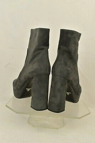 Pre-owned Prada 1tp221 Gray Suede Short Platform Ankle Classic Zip Boots 39 $975 Italy