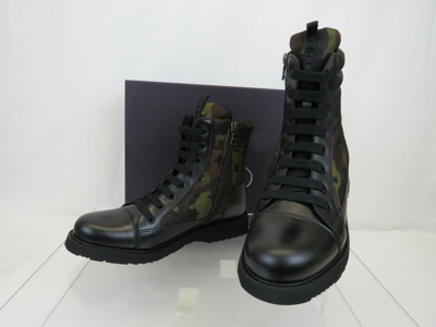Pre-owned Prada 0t0782 Camouflage Green Leather Cap Toe Lace Up Combat Boots 36 Us 6