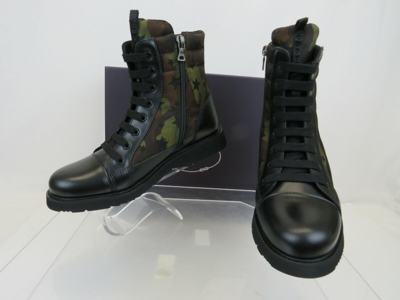 Pre-owned Prada 0t0782 Camouflage Green Leather Cap Toe Lace Up Combat Boots 36 Us 6