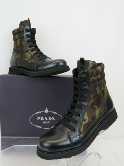 Pre-owned Prada 0t0782 Camouflage Green Leather Cap Toe Lace Up Combat Boots 36 Us 6