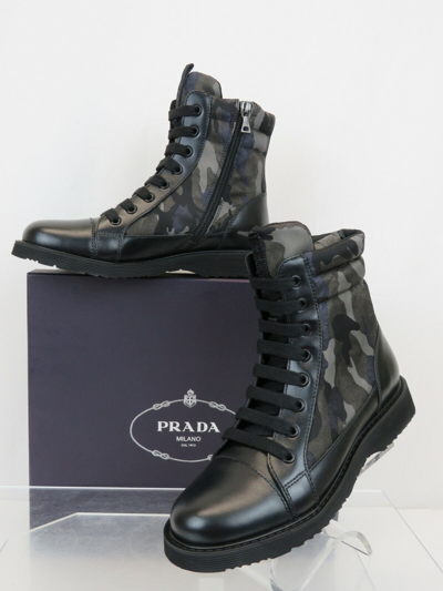 Pre-owned Prada 0t0782 Camouflage Gray Leather Cap Toe Lace Up Combat Boots 36 Us 6