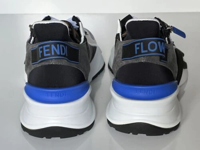 Pre-owned Fendi $870  Flow Men's Leather/fabric Sneakers Blue 12 Us (45 Euro) 7e1392 It