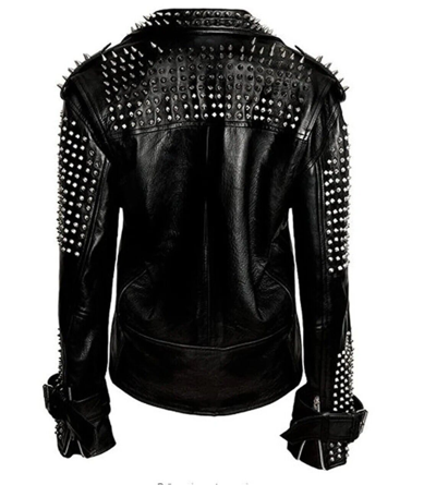 Pre-owned Brando Men's Cowhide Leather Punk Half Silver Studded Black Motorcycle Jacket, Bikers