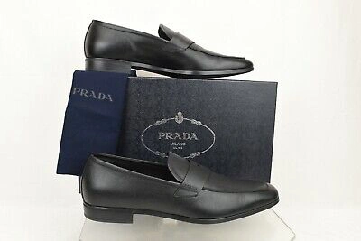 Pre-owned Prada 2dc127 Black Saffiano Leather Lettering Logo Penny Loafers 12 Us 13