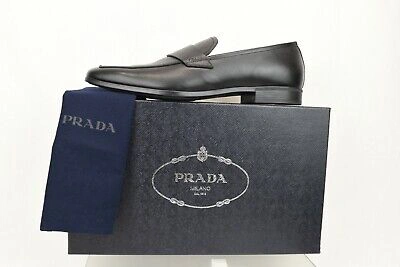 Pre-owned Prada 2dc127 Black Saffiano Leather Lettering Logo Penny Loafers 12 Us 13