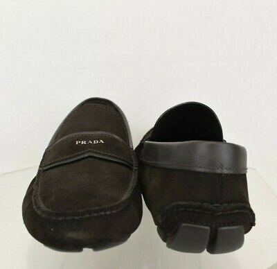 Pre-owned Prada 2dd137 Brown Suede Leather Logo Driving Moccasins Loafers 10 Us 11