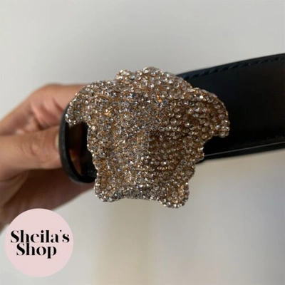 Pre-owned Versace Crystal-embellished Medusa Leather Belt Size 75 In Black
