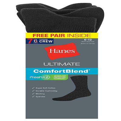 Pre-owned Hanes ® Men's 7-pairs Black Crew Socks Freshiq®- Comfortblend® Shoe Size 6-12