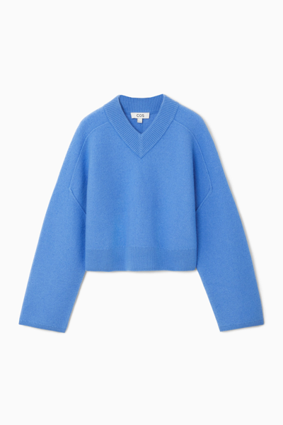 Shop Cos Cropped V-neck Wool Jumper In Blue