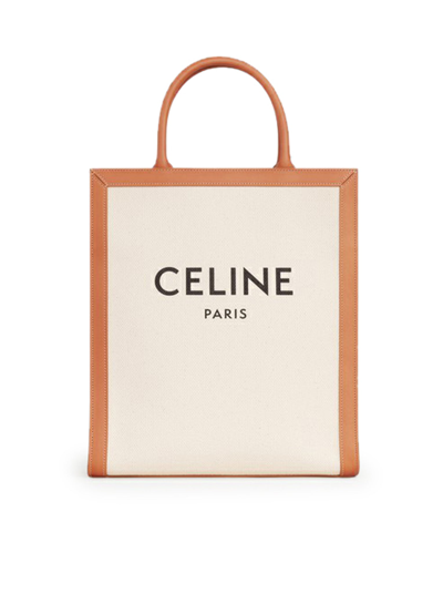 Shop Celine Cabas Vertical Canvas Bag In Nude & Neutrals