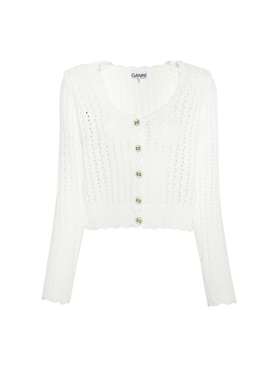 Shop Ganni Buttoned Open-knit Cardigan In White