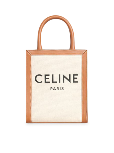 Shop Celine Vertical Mini Cabas Bag In  Print Canvas & Calfskin In Nude & Neutrals