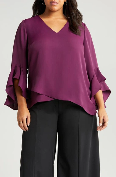 Vince Camuto Flutter Sleeve Crossover Georgette Tunic Top In Pickled Beet