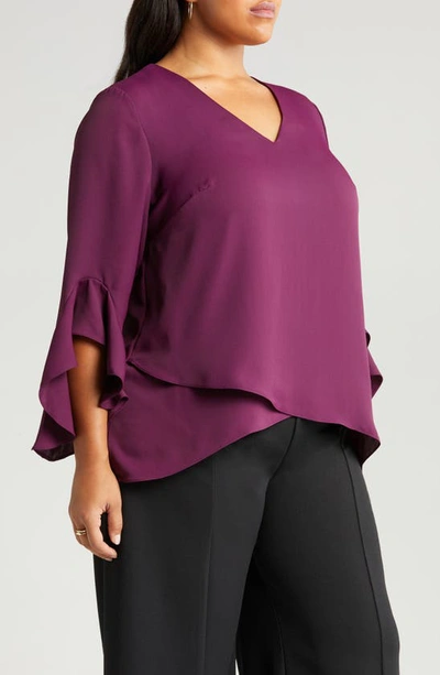 Shop Vince Camuto Flutter Sleeve Crossover Georgette Tunic Top In Pickled Beet