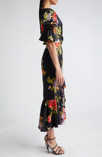 Shop Cinq À Sept Thea Floral Print Ruffle Faux Wrap Maxi Dress In Black Multi