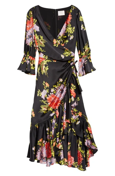 Shop Cinq À Sept Thea Floral Print Ruffle Faux Wrap Maxi Dress In Black Multi