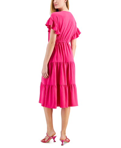 Shop Robbie Bee Women's Flutter-sleeve Tie-waist Tiered Side-pocket Midi Dress In Magenta