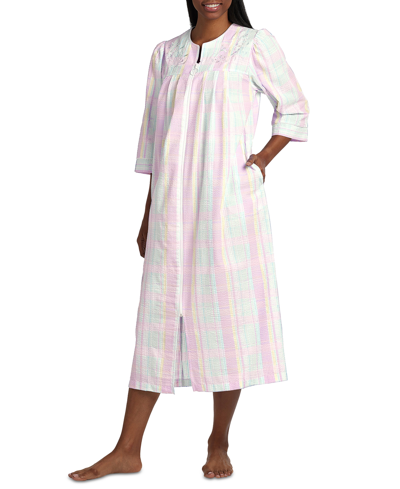 Shop Miss Elaine Women's 3/4-sleeve Plaid Zip-front Robe In Pink,blue,yellow Plaid
