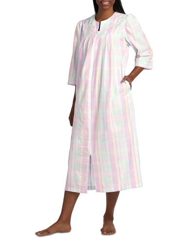 Shop Miss Elaine Plus Size 3/4-sleeve Plaid Zip-front Robe In Pink,blue,yellow Plaid