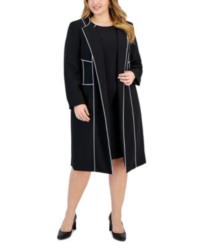 Shop Kasper Plus Size Piped Trim Jacket Sheath Dress In Black,vanilla Ice
