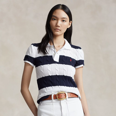 Shop Ralph Lauren Slim Fit Cable-knit Polo Shirt In White/hunter Navy