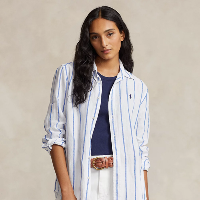 Shop Ralph Lauren Relaxed Fit Striped Linen Shirt In White/royal