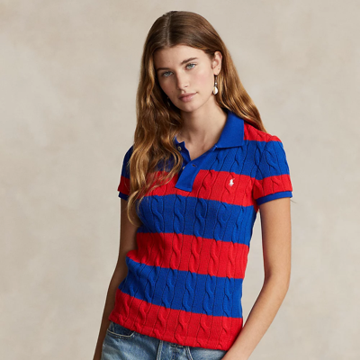 Shop Ralph Lauren Slim Fit Cable-knit Polo Shirt In Petal Red/sapphire Star