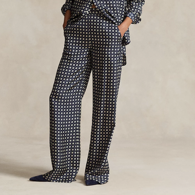Shop Ralph Lauren Geo-motif Silk Wide-leg Pant In Navy/cream Geo Print