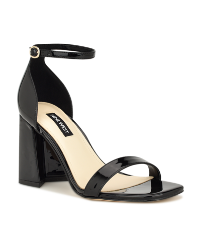 Shop Nine West Women's Ilea Block Heel Square Toe Dress Sandals In Black Patent