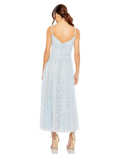 Shop Mac Duggal Women's Ruffle Floral Embroidered Detail Tea Length Dress In Blue Multi