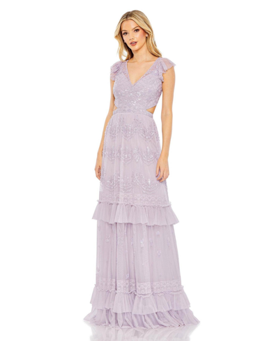 Shop Mac Duggal Women's Sequined Ruffled Cap Sleeve Cut Out Tiered Gown In Lilac