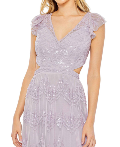 Shop Mac Duggal Women's Sequined Ruffled Cap Sleeve Cut Out Tiered Gown In Lilac