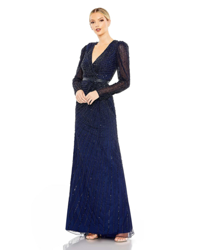 Shop Mac Duggal Women's Sequined Wrap Over Long Sleeve Gown In Midnight