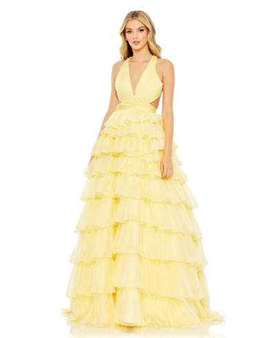 Shop Mac Duggal Women's Chiffon Layered Cut Out Ball Gown In Lemon