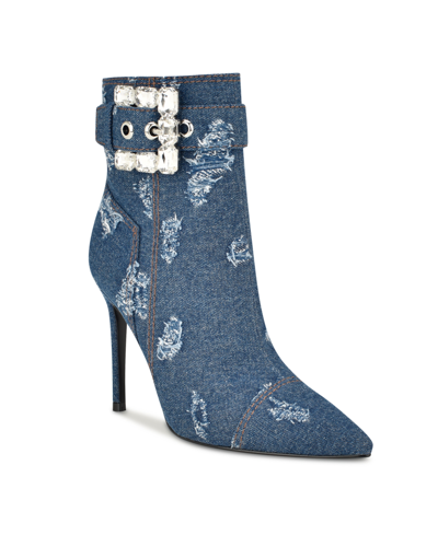 Shop Nine West Women's Fabrica Pointy Toe Stiletto Dress Booties In Dark Blue Denim - Textile