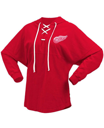 Shop Fanatics Women's  Red Detroit Red Wings Jersey Lace-up V-neck Long Sleeve Hoodie T-shirt