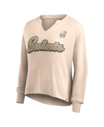 Fanatics Women's  Tan Distressed New Orleans Saints Go For It Notch Neck Waffle Knit Long Sleeve T-sh In Tan