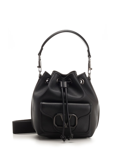 Shop Valentino Vlogo Signature Drawstring Small Bucket Bag In Black