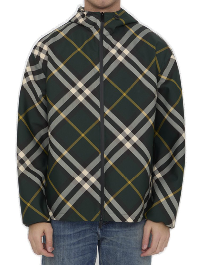 Shop Burberry Logo Embroidered Checkered Zip In Green