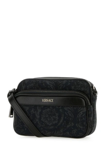 Shop Versace Man Embroidered Fabric Athena Crossbody Bag In Black