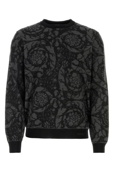 Shop Versace Man Embroidered Wool Blend Sweater In Multicolor