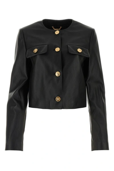 Shop Versace Woman Black Leather Jacket