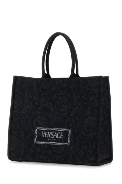 Shop Versace Woman Embroidered Fabric Big Athena Shopping Bag In Black