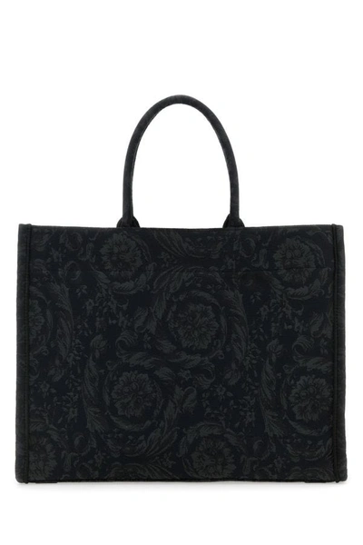 Shop Versace Woman Embroidered Fabric Big Athena Shopping Bag In Black