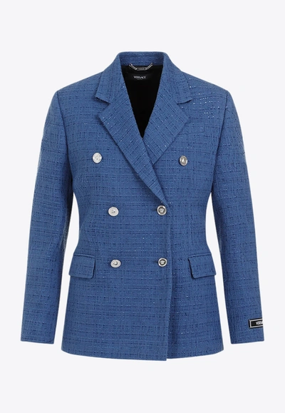 Shop Versace Double-breasted Tweed Jacket In Blue