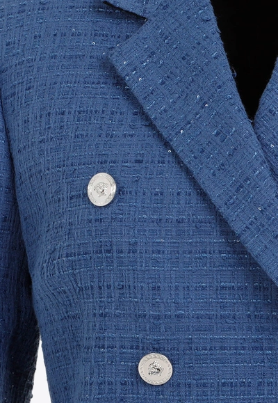 Shop Versace Double-breasted Tweed Jacket In Blue