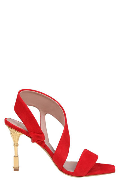 Shop Balmain Logo Engraved Heeled Sandals In Red